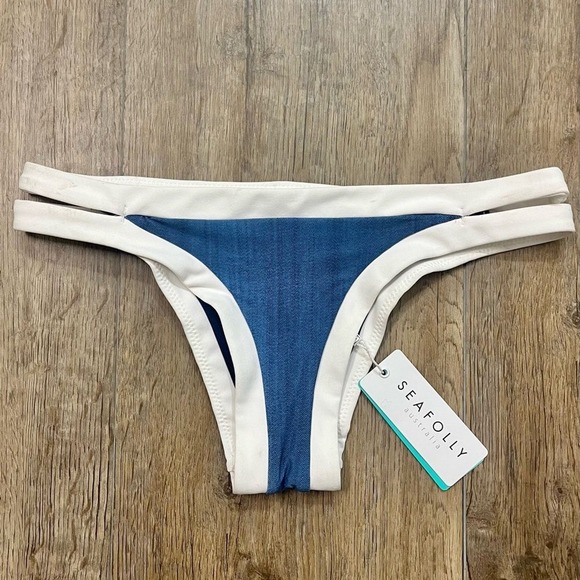 Seafolly Block Party Bikini Swimsuit Bottom Brazilian Low Rise Blue Sz US 2 AU 6 - Picture 3 of 13